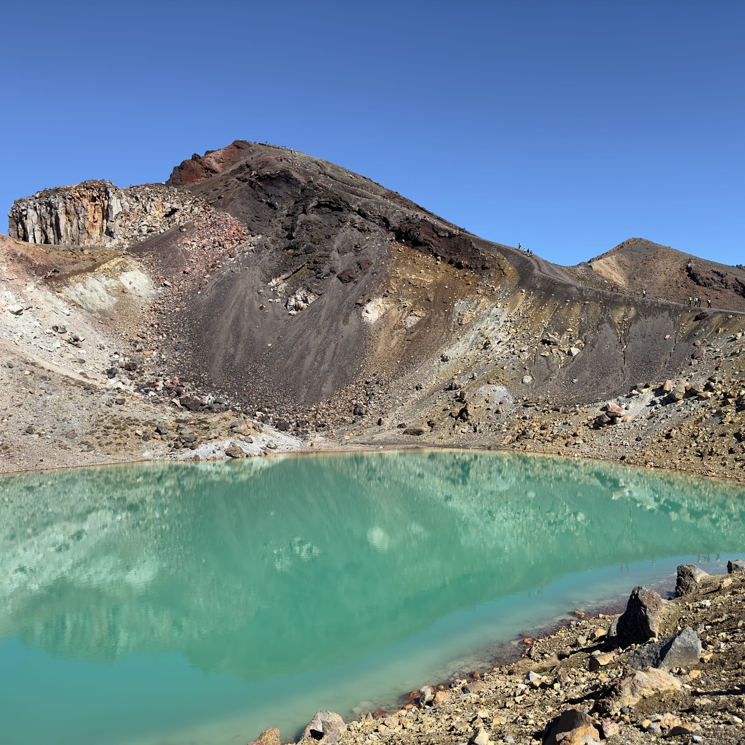 Volcanic lake with rocky terrain and blue sky