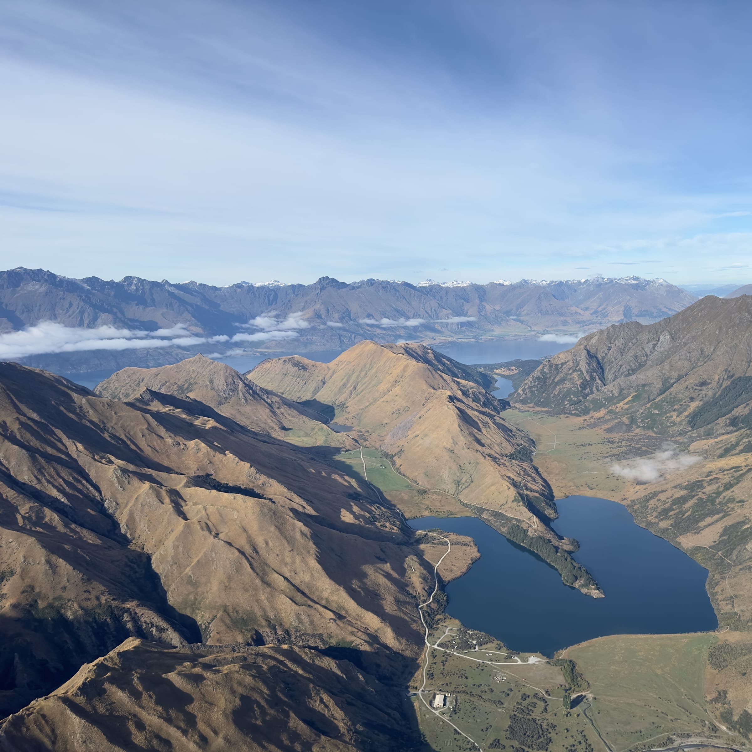 Aerial view of mountains and lake